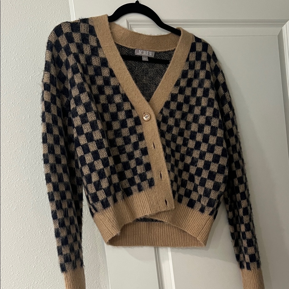 J. Crew Women's Checkered Cardigan - Navy Blue and Tan